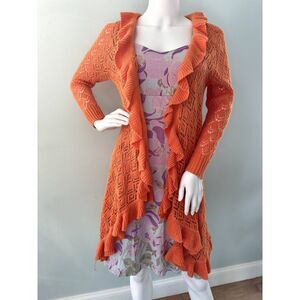 Vintage Y2k Bright Orange Ruffle Knit Open Long Cardigan Boho Sweater size M